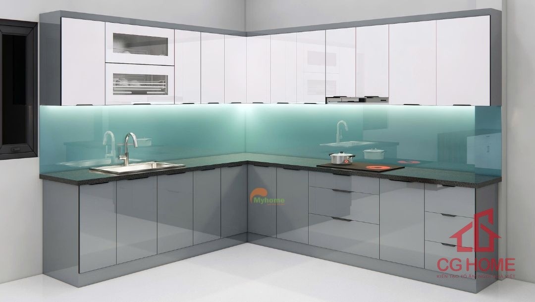 Mẫu tủ bếp inox cánh kính chữ L kích thước 2.6x3.1m với tông màu ghi - trắng hiện đại, nổi bật.
