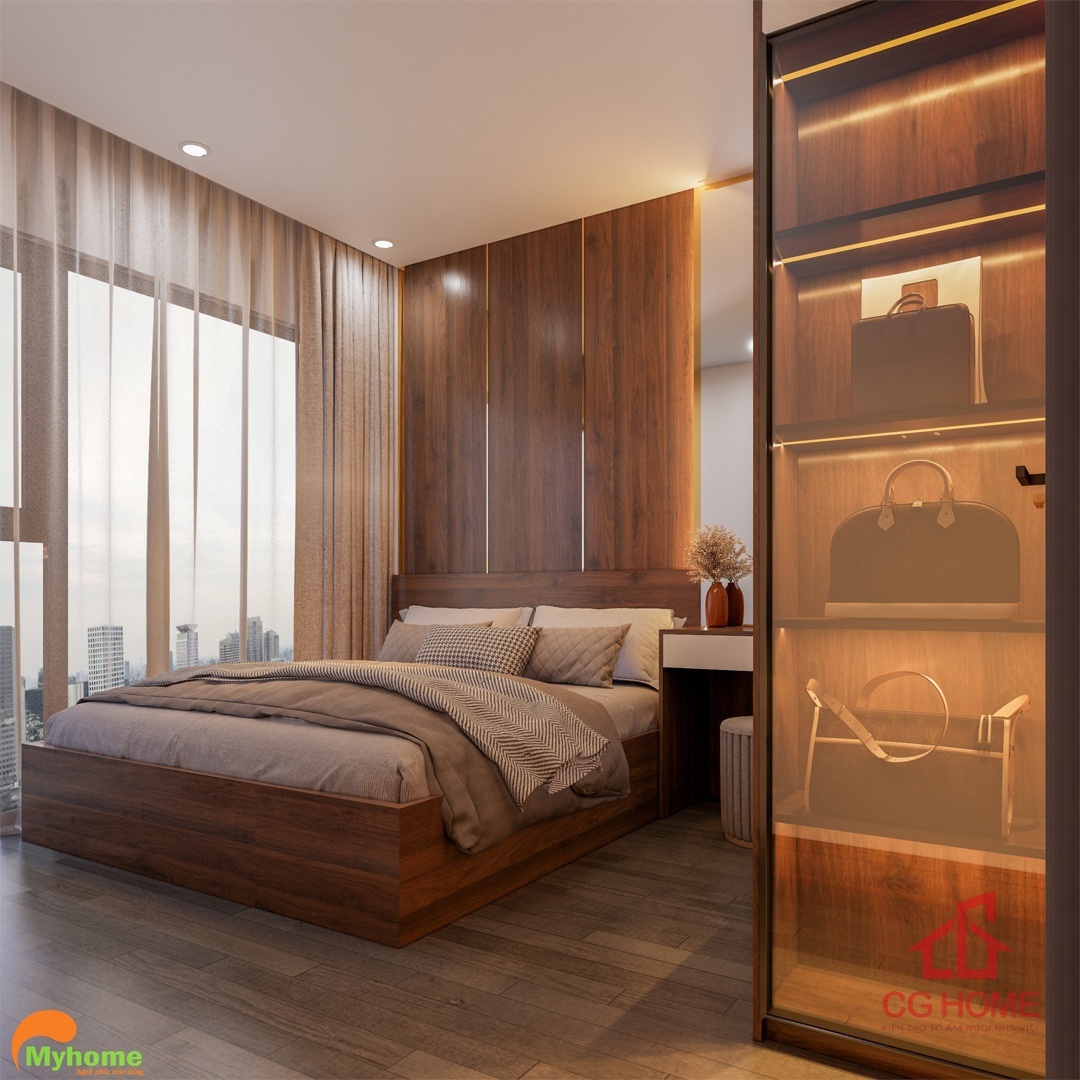 Giường gỗ kết hợp vách ốp đầu giường gỗ MDF, tạo sự ấm cúng cho căn phòng