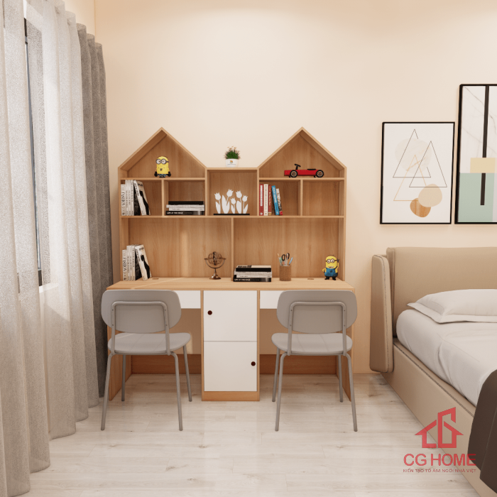 Bàn học đôi có kệ sách gỗ MDF cho bé mã GBH201