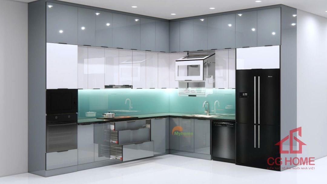 Tủ bếp inox cánh kính chữ L kích thước 3.5x3.5m 2
