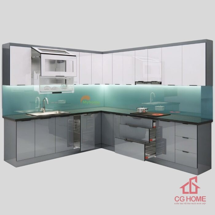 Mẫu Tủ Bếp Inox Cánh Kính Chữ L 2.6×3.1m