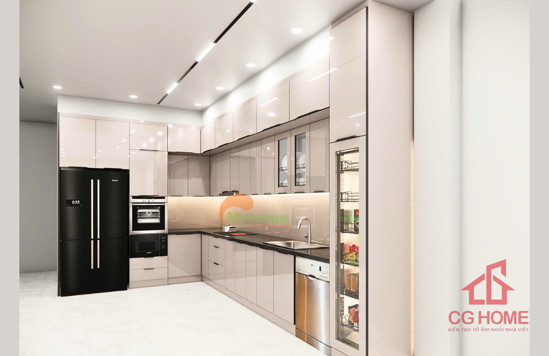 Tủ bếp inox tone kem phù hợp nhiều phong cách nội thất.