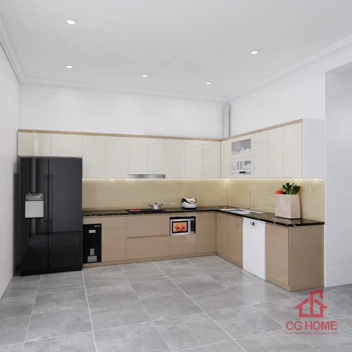 Tủ bếp inox cánh acrylic 6.7m chữ L (mẫu 3)