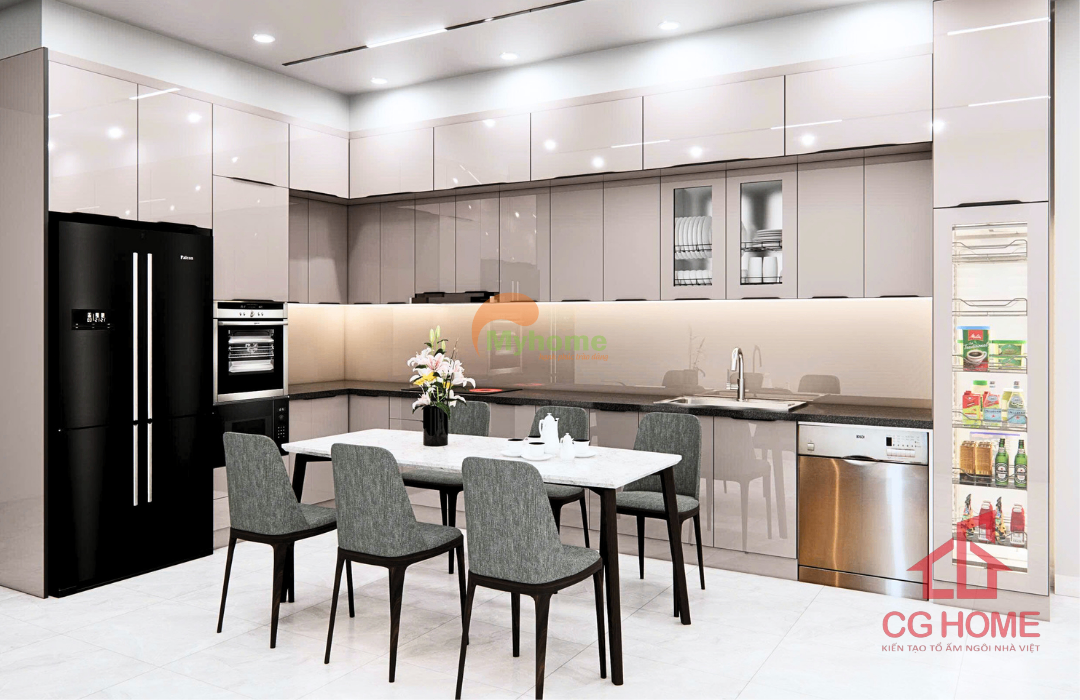 Tủ bếp inox kịch trần tone kem, thiết kế gọn gàng và hiện đại.