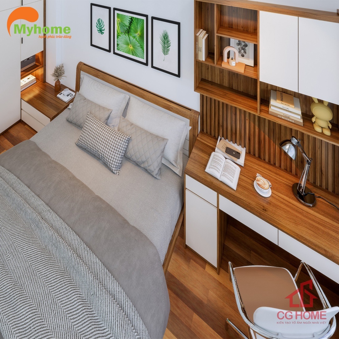Tổng thể không gian hài hòa, hợp lý. Kết hợp giữa thẩm mỹ và công năng trong một căn phòng ngủ nhỏ.