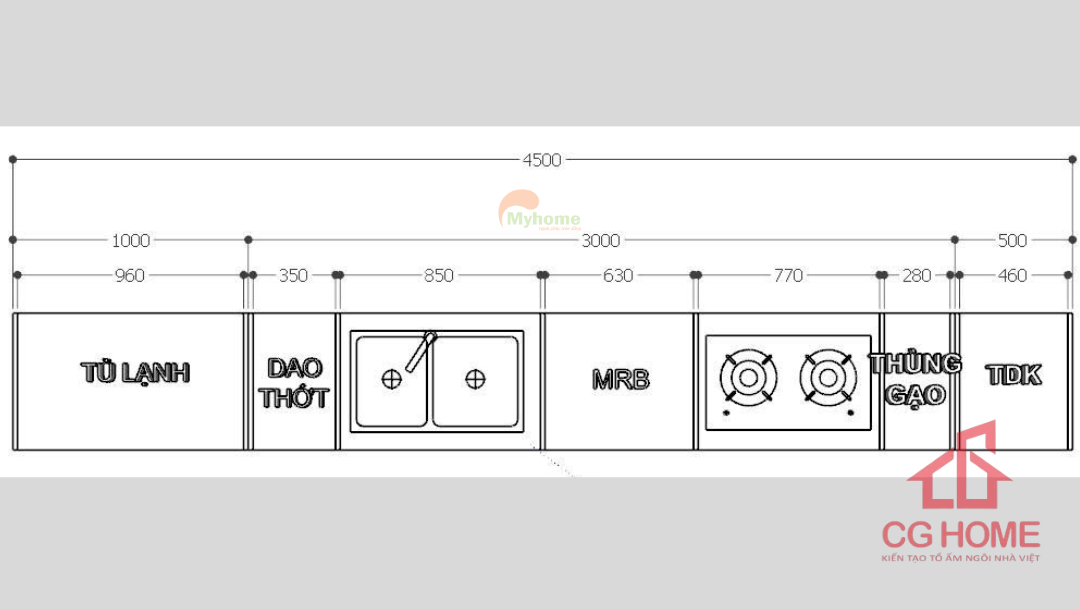 Mặt bằng kích thước tủ bếp inox cánh kính chữ I kích thước 4.5m