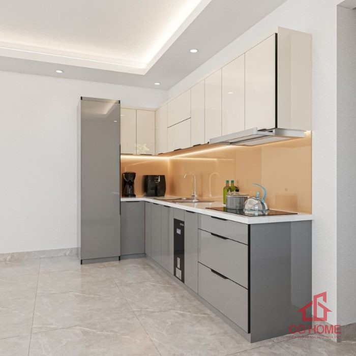 Tủ bếp inox cánh kính chữ L4.7m