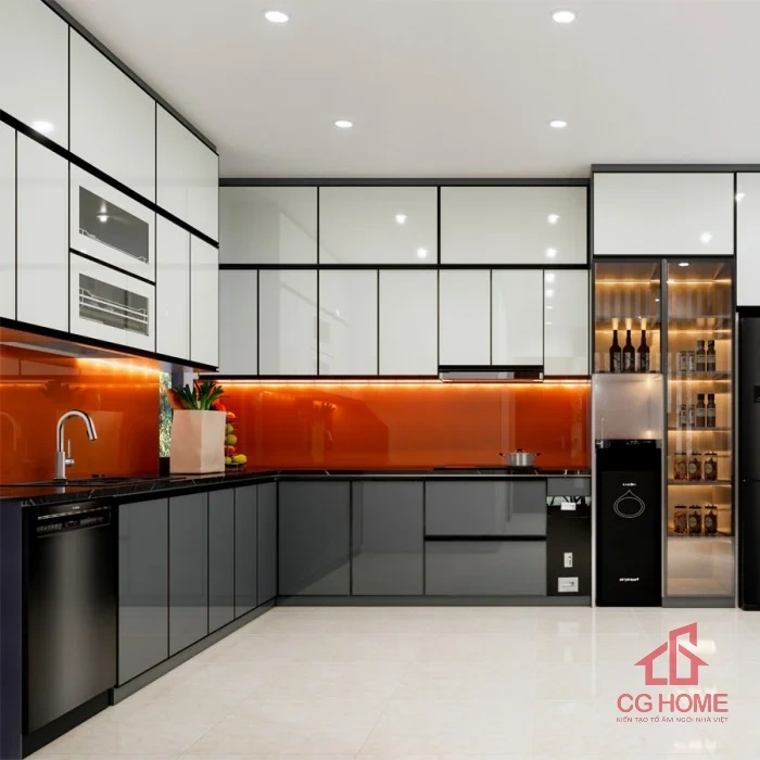 Mẫu Tủ Bếp Inox Cánh Kính Chữ L4.5*3.3m