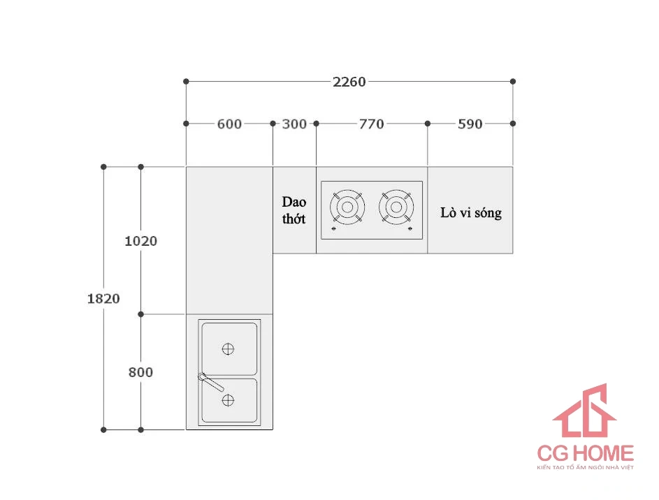 Mẫu tủ bếp inox cánh kính chữ L2.3*1.8m