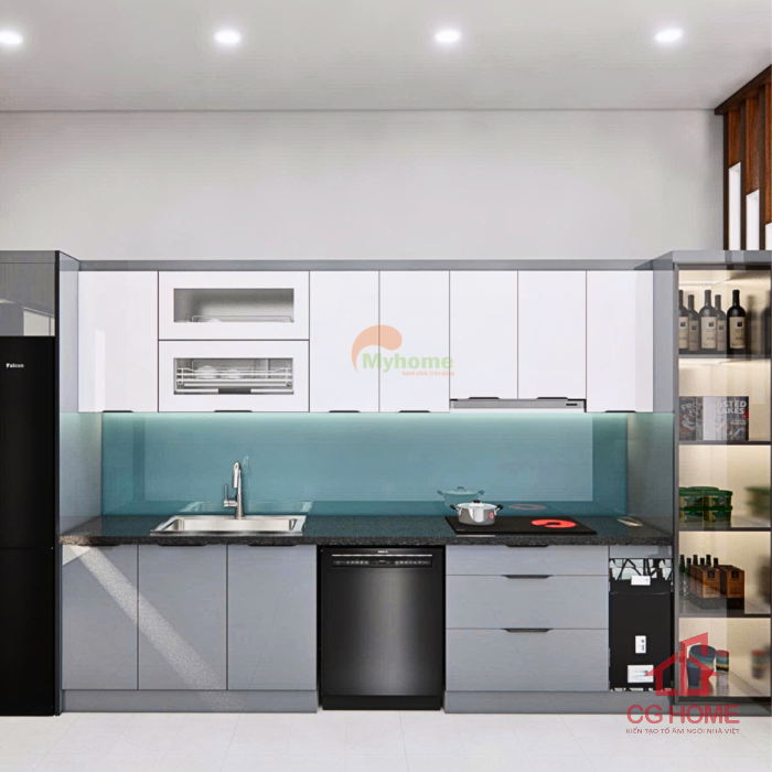 Mẫu Tủ Bếp Inox Cánh Kính Chữ I Kích Thước 4.5m