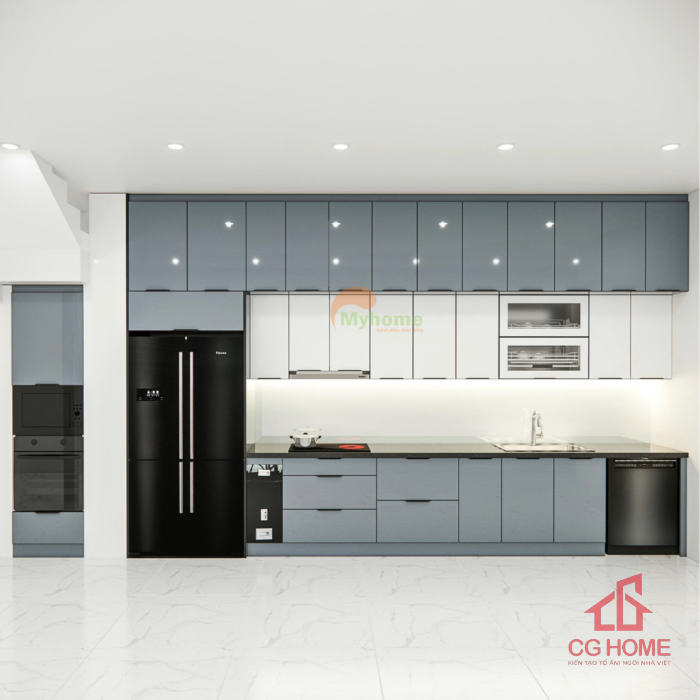 Mẫu Tủ Bếp Inox Cánh Kính Kịch Trần Hiện Đại Chữ I Dài 4.7m