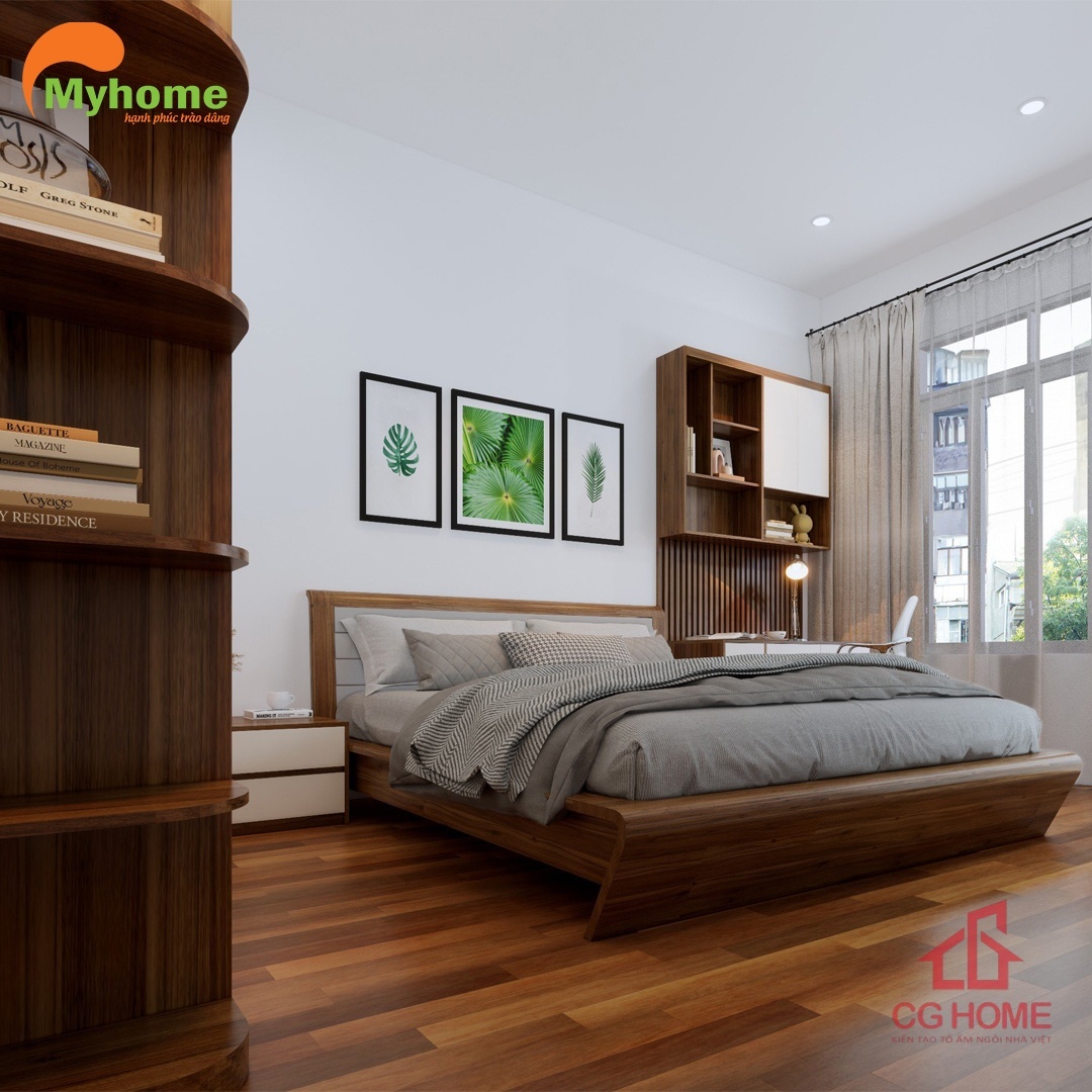 Giường và bàn học được bố trí liền kề. Giúp thuận tiện trong việc học tập và nghỉ ngơi.