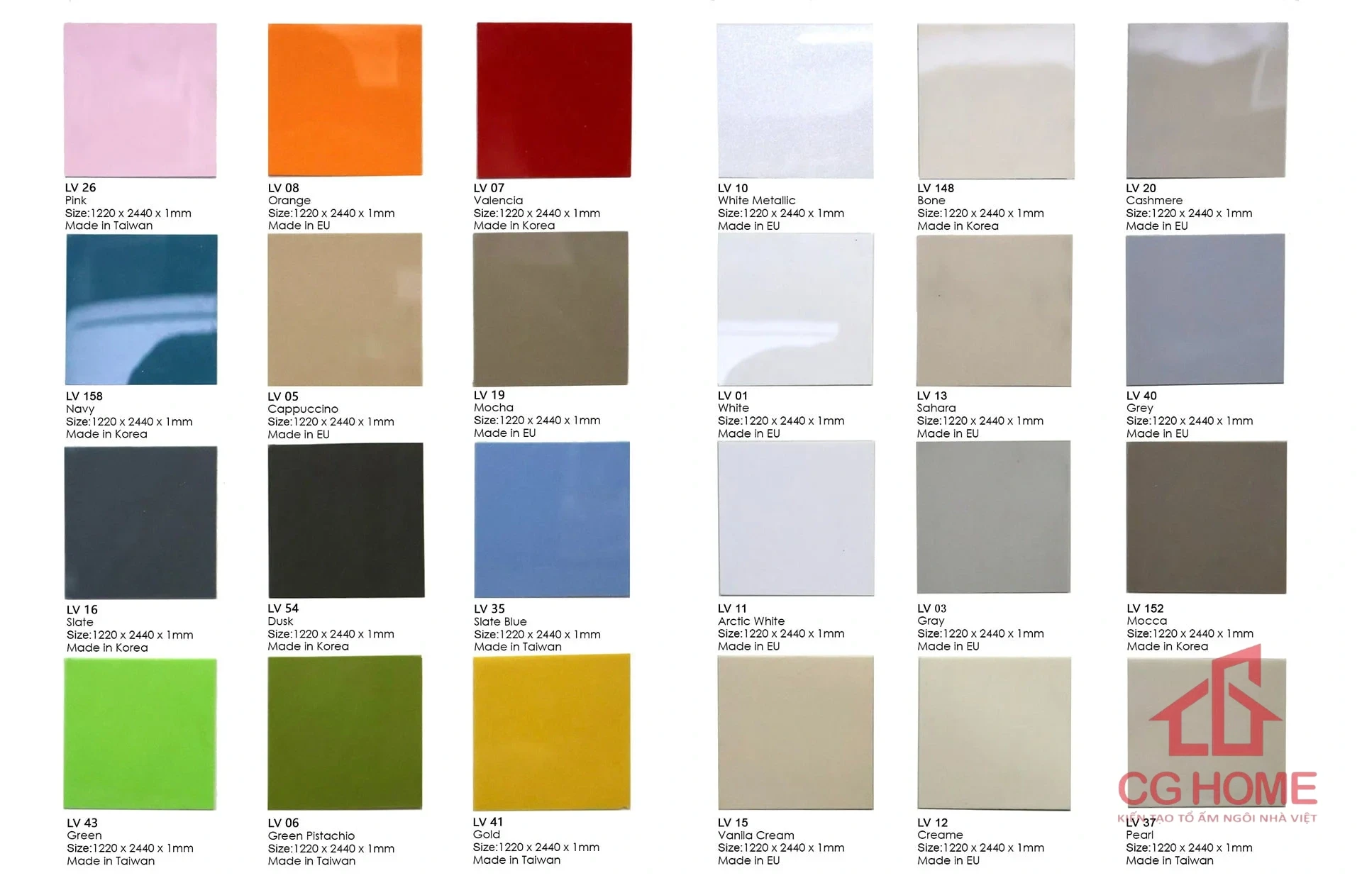 bảng màu tủ bếp inox cánh Acrylic 1