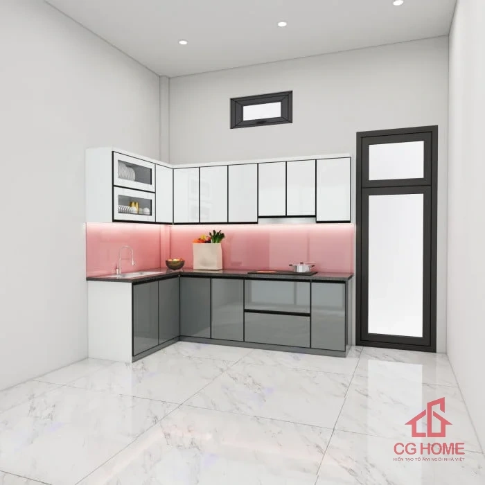 Tủ bếp inox cánh kính 4.3m chữ L