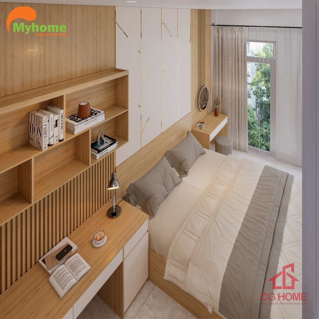 Nội thất phòng ngủ Master được bố trí hài hòa, gọn gàng. Với vách ốp đầu giường gỗ MDF làm nổi bật tổng thể.