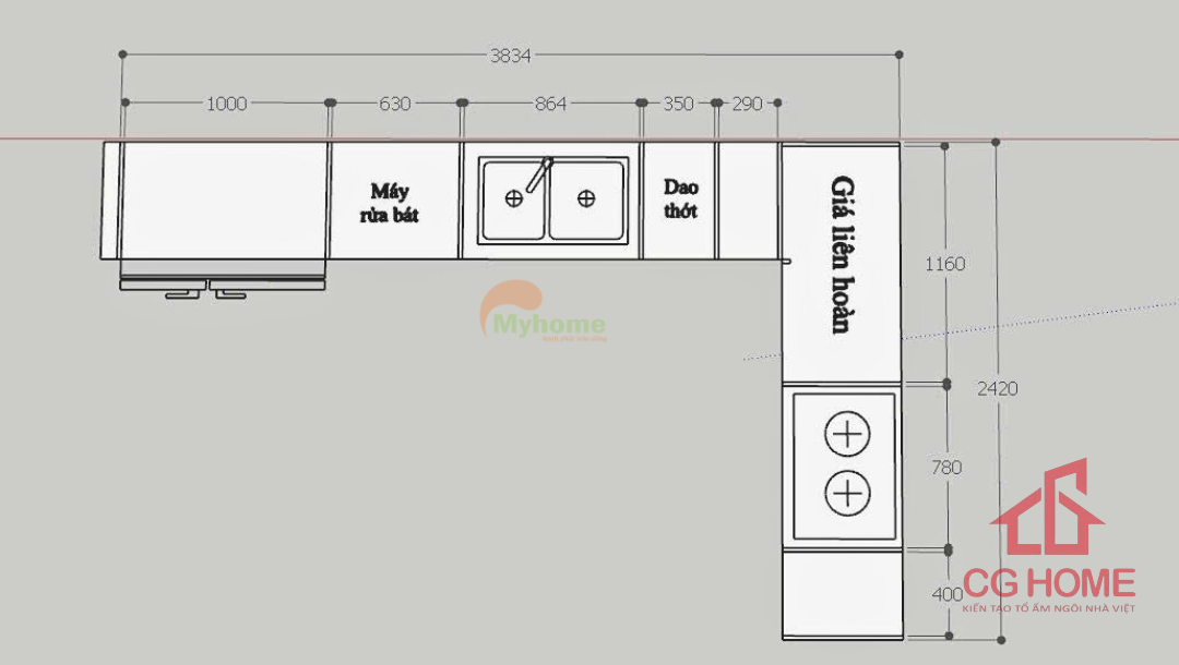 Mặt bằng tủ bếp inox cánh kính có bàn đảo kích thước 3.8×2.4m