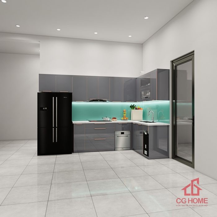 Tủ bếp inox cánh kính 5.1m chữ L