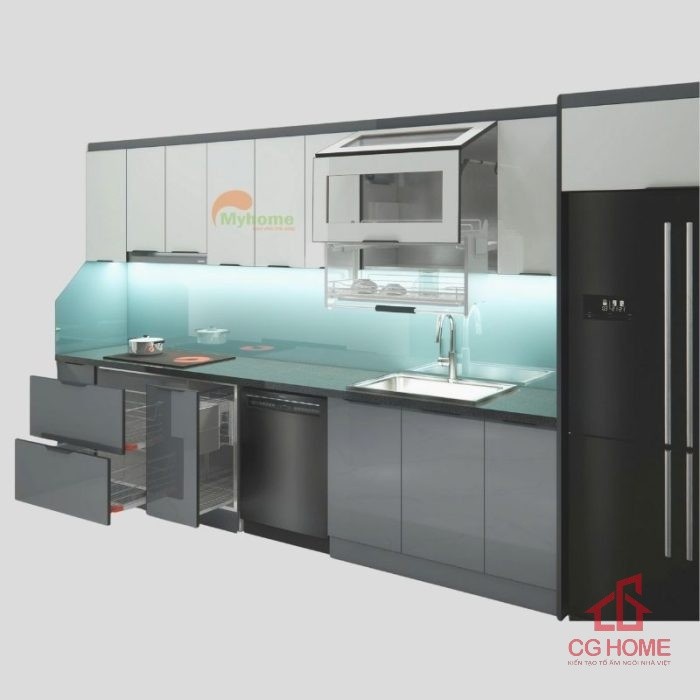 Mẫu Tủ Bếp Inox Cánh Kính Chữ I 4.4m