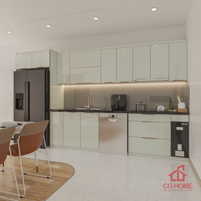 Tủ bếp inox cánh kính chữ I dài 3.9m mầu trắng có tủ lạnh