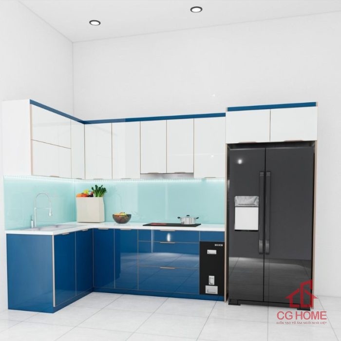 Tủ bếp inox cánh kính 4.8m chữ L
