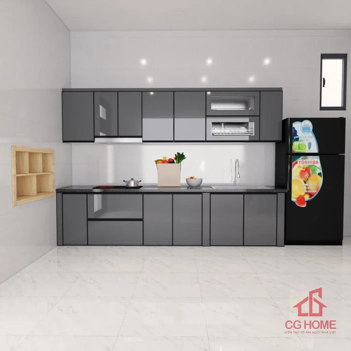 Tủ bếp inox cánh kính 3.3m chữ I (mẫu 2)