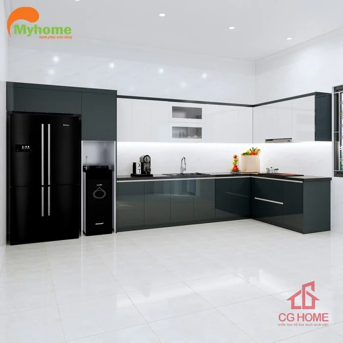 Mẫu Tủ Bếp Inox Cánh Acrylic Chữ L 4.9×1.9m