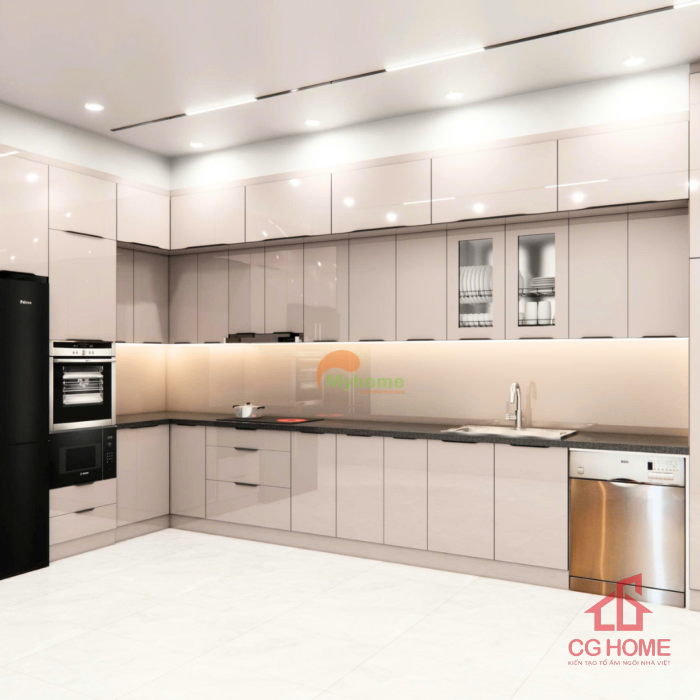 Mẫu Tủ Bếp Inox Cánh Kính Chữ L Kịch Trần Kích Thước 4.8×2.7m