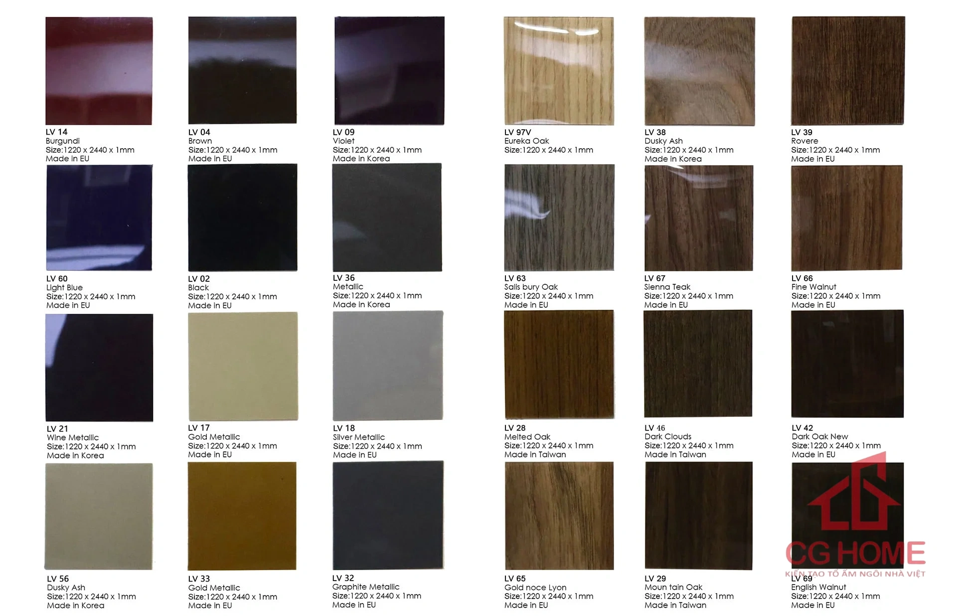 bảng màu tủ bếp inox cánh Acrylic 2