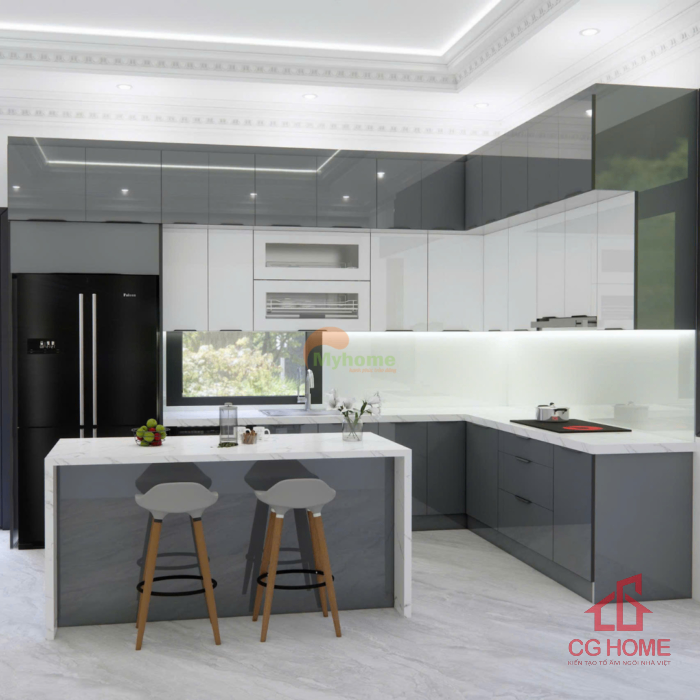 Mẫu Tủ Bếp Inox Cánh Kính Có Bàn Đảo Kích Thước 3.8×2.4m