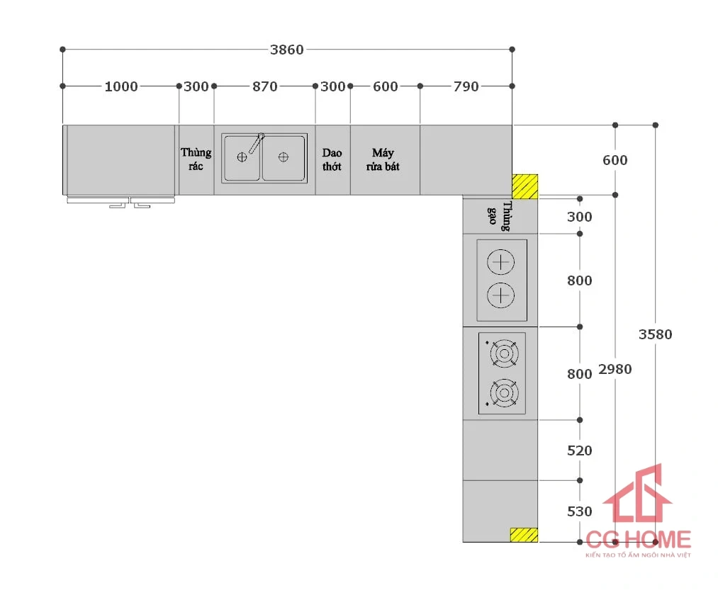 Mẫu tủ bếp inox cánh kính chữ L3.9*3.6m