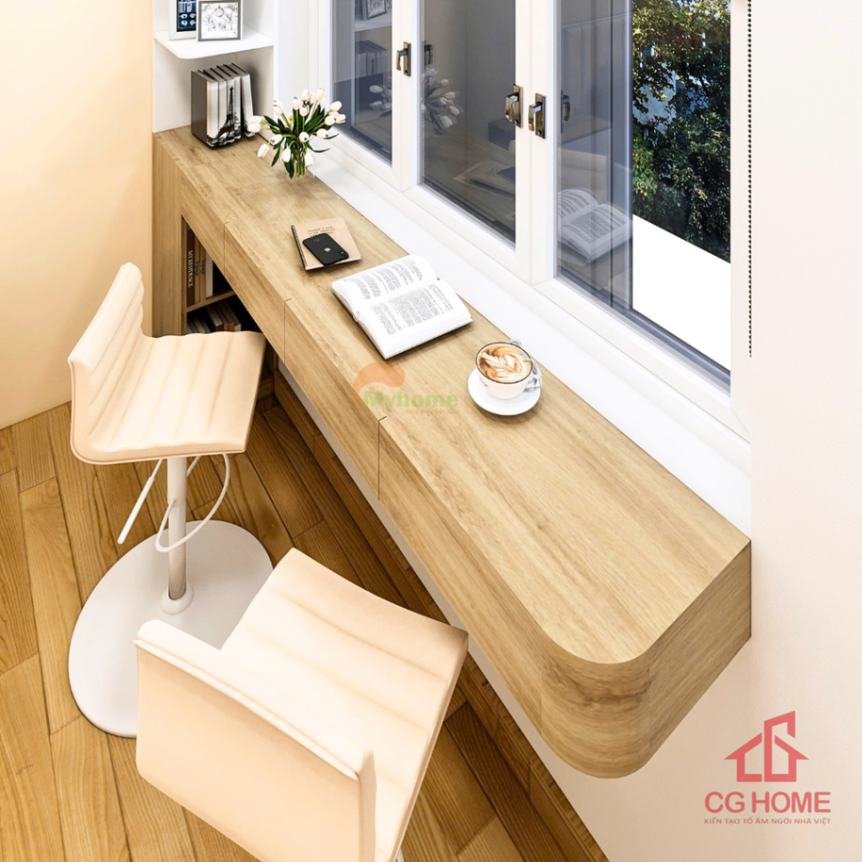 Bàn làm việc bố trí gần cửa sổ, tận dụng ánh sáng tự nhiên và tạo góc sinh hoạt tiện nghi trong phòng ngủ.