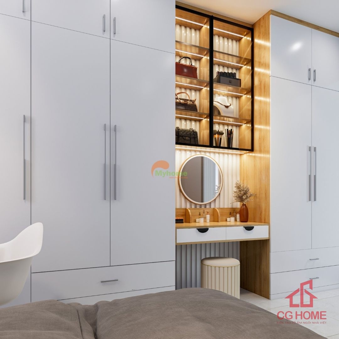 Bàn trang điểm kết hợp gương đèn LED và tủ để túi xách có cánh kính. Vừa tăng không gian lưu trữ, vừa tăng sự thẩm mỹ của căn phòng.
