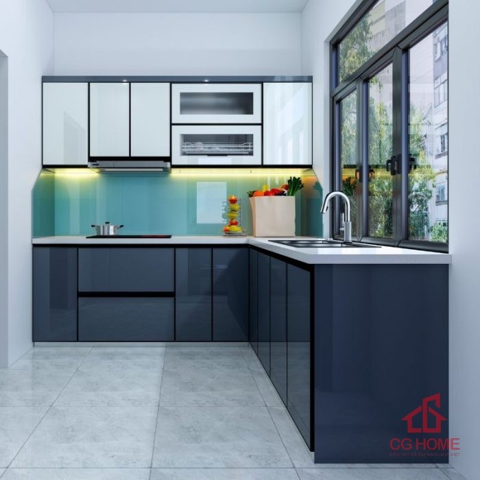 Tủ bếp inox cánh kính 4.6m chữ L