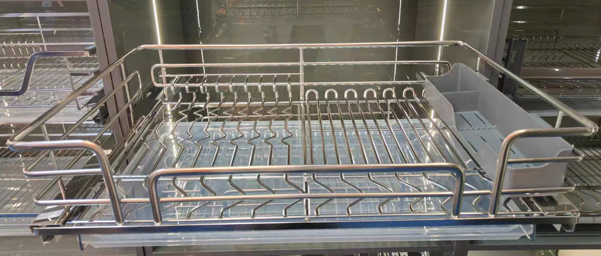 GIÁ ĐỰNG XOONG NỒI-BÁT ĐĨA NAN OVAL INOX 304 - RAY GIẢM CHẤN