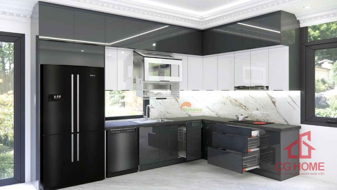 Tủ bếp được bố trí hệ thống phụ kiện, thiết bị thông minh. Đảm bảo sự tiện lợi trong quá trình sử dụng.