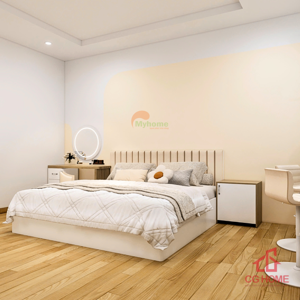 Giường ngủ thiết kế tối giản với đầu giường bọc nệm, kết hợp gam màu be – kem tạo sự êm ái cho không gian nghỉ ngơi.