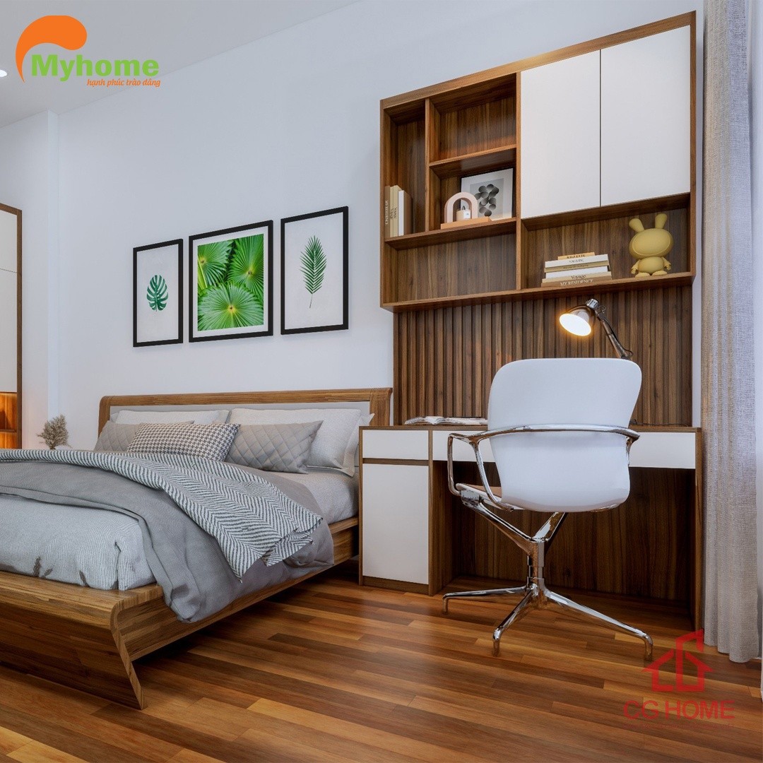 Bàn học và giá sách được thiết kế cách điệu. Tạo cảm hứng cho không gian học tập.