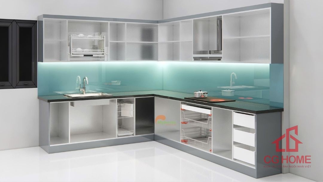 Bố trí công năng tủ bếp inox cánh kính chữ L kích thước 2.6x3.1m