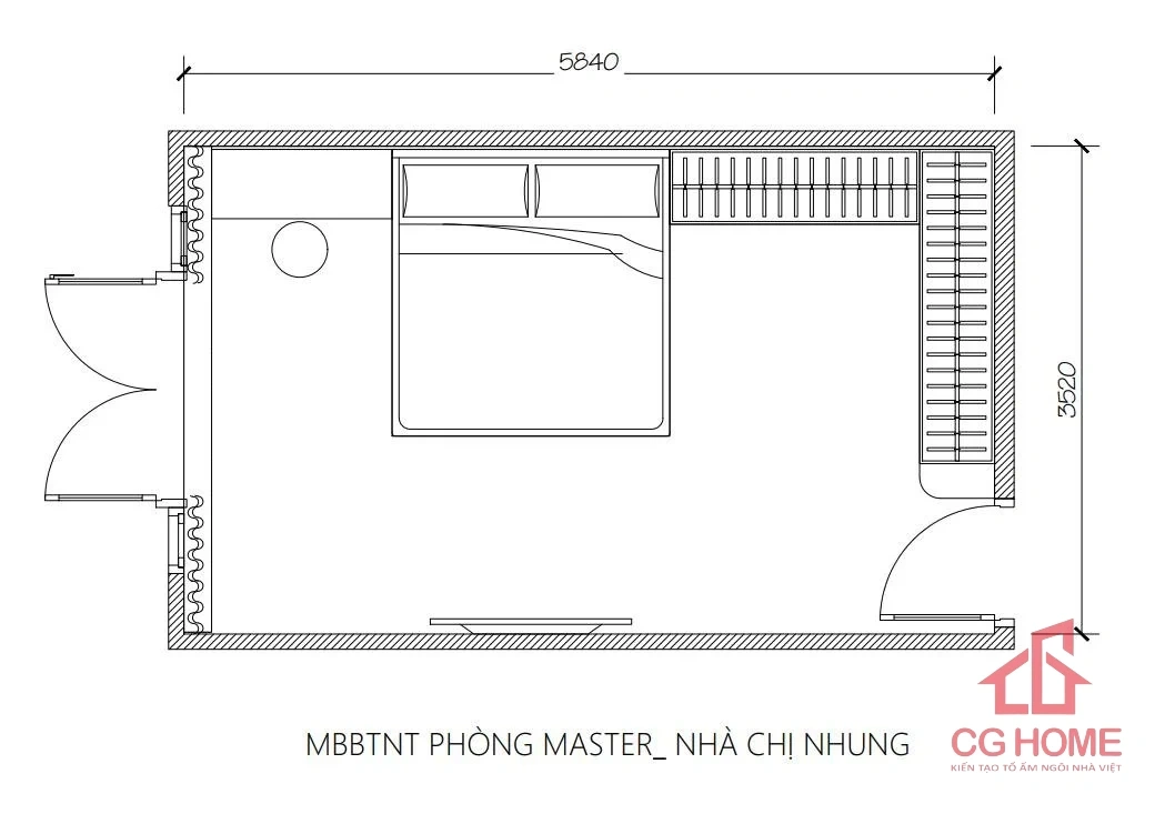 mặt bằng combo nội thất phòng ngủ 20m2 CBPN003