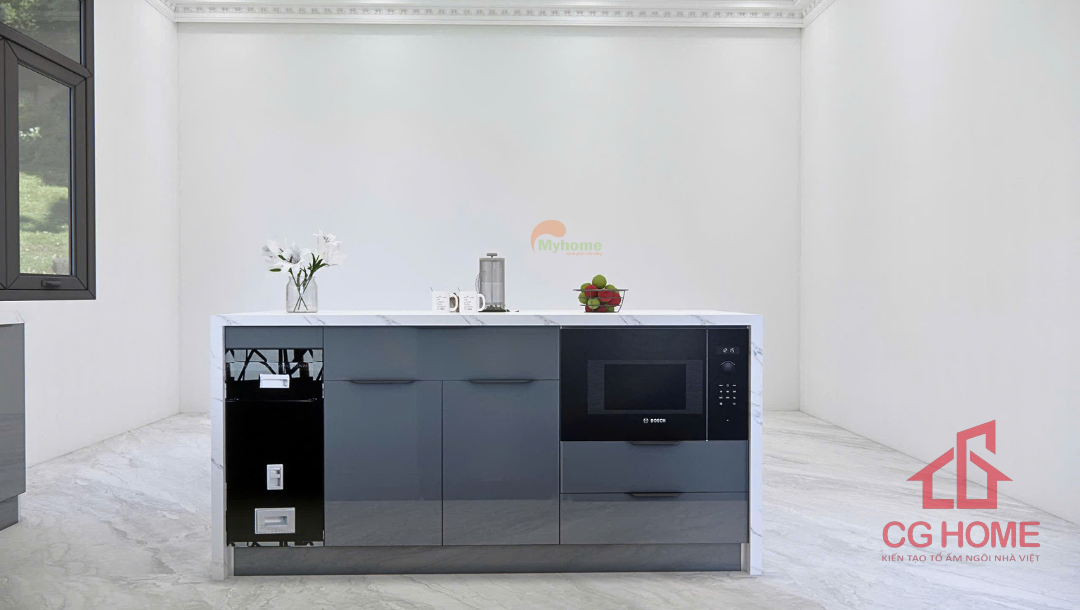 Thiết kế bàn đảo mở rộng khu vực thao tác và chuẩn bị món ăn