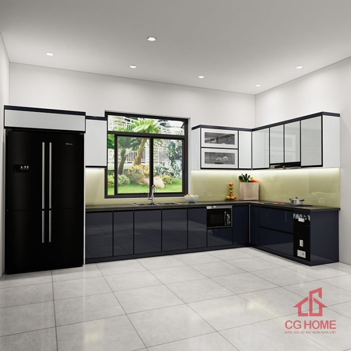Tủ bếp inox cánh kính 6.5m chữ L