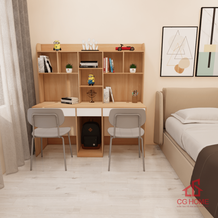 Bàn học đôi có kệ sách gỗ MDF cho bé mã GBH203