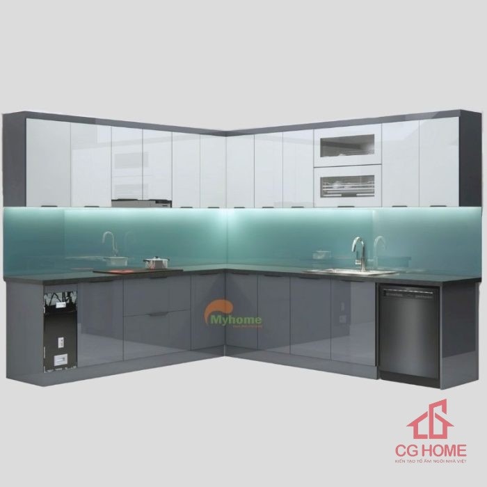 Mẫu Tủ Bếp Inox Cánh Kính Chữ L 2.6×3.1m có máy rửa bát