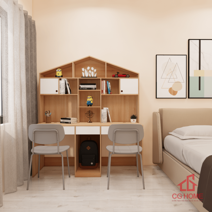 Bàn học đôi có kệ sách gỗ MDF cho bé mã GBH202