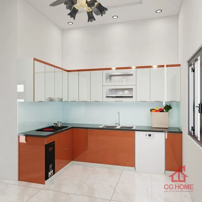 Tủ bếp inox cánh kính 4.7m chữ L (mẫu 2)