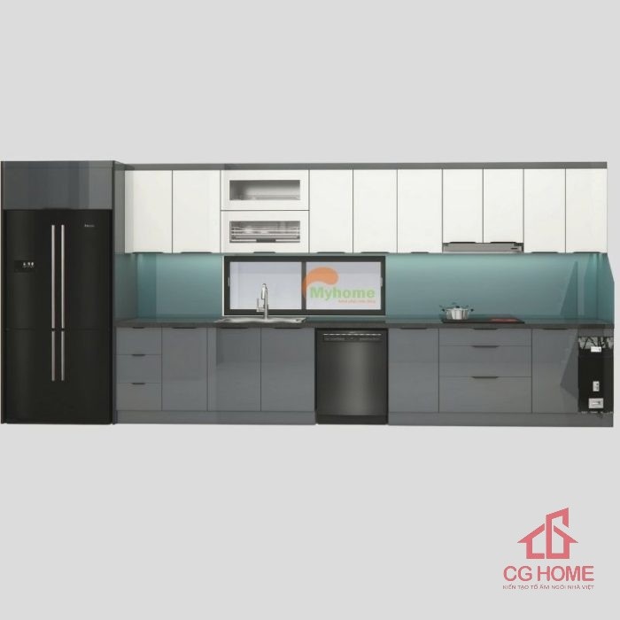 Mẫu Tủ Bếp Inox Cánh Kính Chữ I 5.3m