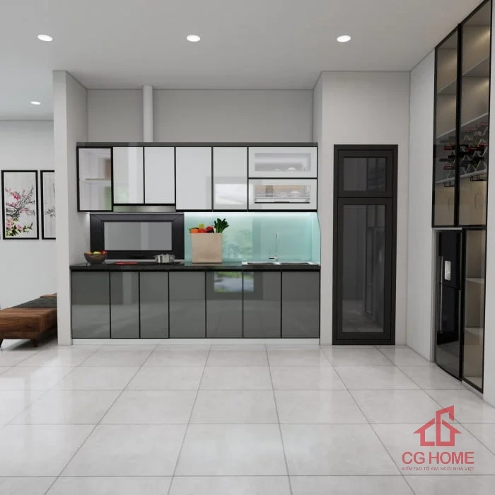 Tủ bếp inox cánh kính 2.8m chữ I