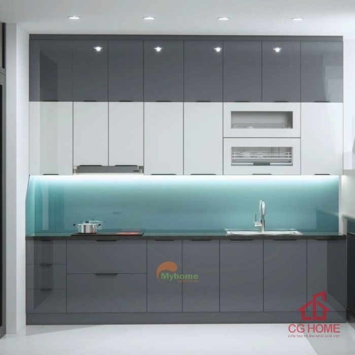 Mẫu Tủ Bếp Inox Cánh Kính Chữ I 3.1m Kịch Trần