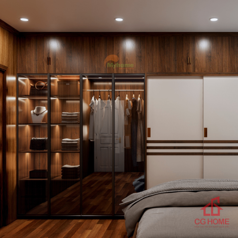 Hệ tủ quần áo thiết kế tối giản giúp phòng gon gàng, tăng tính thẩm mỹ tổng thể