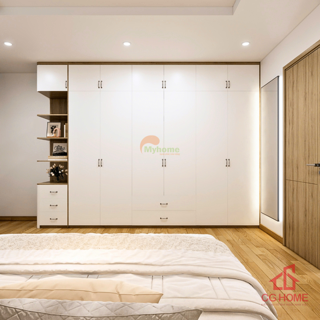 Hệ tủ quần áo kịch trần tone sáng, vừa tăng khả năng lưu trữ vừa giữ cho không gian luôn gọn gàng